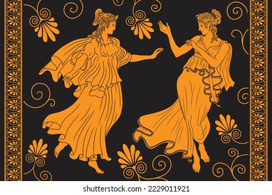 Two ancient Greek girls in tunics are dancing in a flowering garden. Antique painting with meander ornament