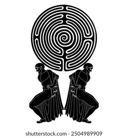 Two ancient Greek men holding a round spiral maze or labyrinth symbol. Creative philosophical concept. Black and white silhouette.