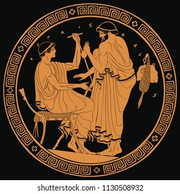 Two ancient Greek men with a staff and a purse of money in their hands are talking. Golden pattern on a black background.