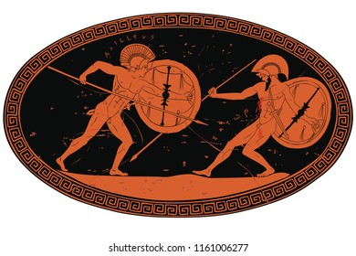 Two ancient Greek warrior Hector and Achilles with a spear and shield in his hands. Figure with an inscription Hector, in an oval frame.
