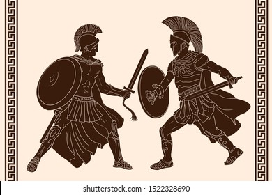 Two ancient Greek warrior with a sword and a shield in his hands in battle.