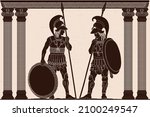 Two ancient Greek warriors with spears, shields and helmets stand in the temple between the columns.