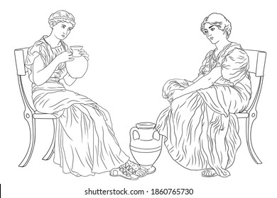 Two ancient Greek Woman sits on a chairs and drinks wine from a jug. Figure isolated on white background.
