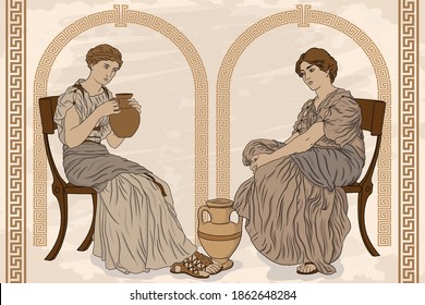 Two ancient Greek Woman sits on a chairs and drinks wine from a jug. Antique fresco on a beige background.