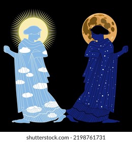 Two ancient Greek women as cloudy day with shining sun and starry night with full moon. Creative concept. Unity of opposites. On black background.
