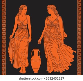 Two ancient Greek women in dresses standing and talking. Antique panel with meander ornament