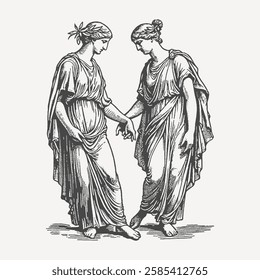 Two ancient Greek women in elegant robes, holding hands. A vintage-style engraving showcasing neoclassical beauty and mythology.