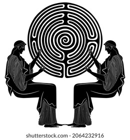 Two ancient Greek women or goddesses holding round spiral maze or labyrinth symbol. Creative concept. Black and white silhouette.