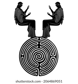 Two ancient Greek women or goddesses sitting on top of a round spiral maze or labyrinth symbol. Creative concept. Black and white silhouette.