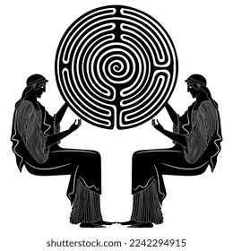 Two ancient Greek women or goddesses holding round spiral maze or labyrinth symbol. Creative concept. Black and white silhouette.