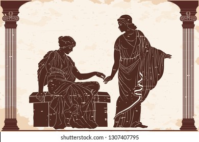 Two ancient Greek women hold each others hands in the temple between the columns. Vector illustration on a beige background.