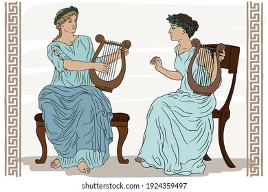 Two ancient Greek women with laurel wreaths on their heads and with harps in their hands are playing music.