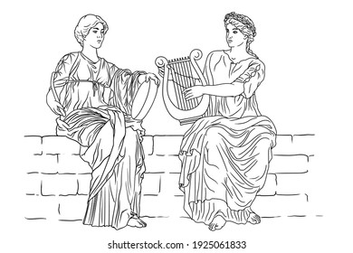 Two ancient Greek women with laurel wreaths on their heads and with harps and tambourine in their hands are playing music.