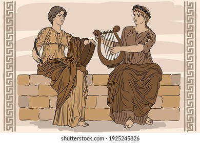 Two ancient Greek women with laurel wreaths on their heads and with harps and tambourine in their hands are playing music.