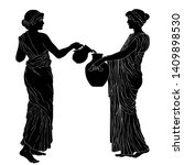 Two ancient Greek women poured wine from a jug. Vector image isolated on white background.