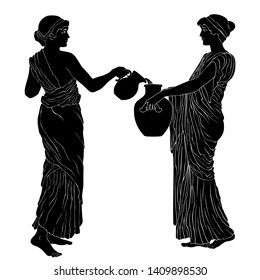 Two Ancient Greek Women Poured Wine From A Jug. Vector Image Isolated On White Background.