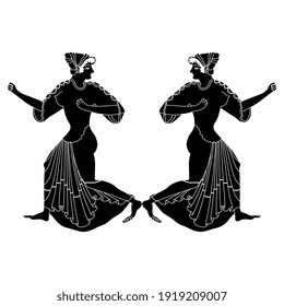 Two Ancient Greek Women Running In Opposite Directions. Black And White Silhouette.