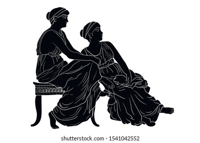 Two ancient Greek women sit side by side and look one way. Vector image isolated on white background.