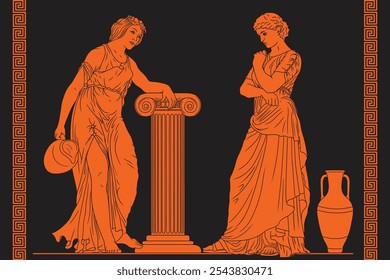 Two ancient Greek women stand near a column of a pedestal, hold a jug of wine and water in their hand and have a conversation. Two female figures and meander ornament on a black background