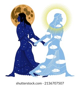 Two ancient Greek women as sunny day and starry night with full moon holding hands. Juxtaposition of opposites. Creative concept. Isolated vector illustration.