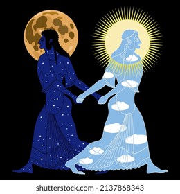 Two ancient Greek women as sunny day and starry night with full moon holding hands. Juxtaposition of opposites. Creative concept. On black background. Isolated vector illustration.