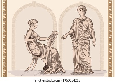 Two ancient Greek women talk to each other. A young slender woman in an ancient Greek tunic sitting on a chair and looking at his reflection in the mirror.