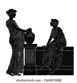 Two ancient Greek women are talking. Vector image isolated on a white background.