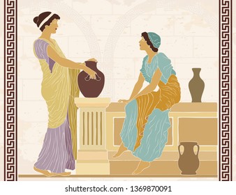 Two ancient Greek women are talking. Vector image on a beige background with the effect of aging.