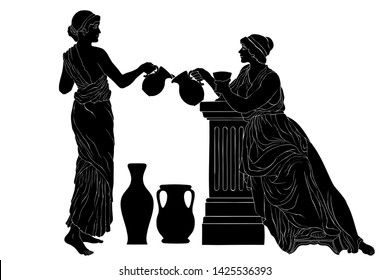Two ancient Greek women in a tunic with a jug and a glass in their hands. Vector image isolated on a white background.