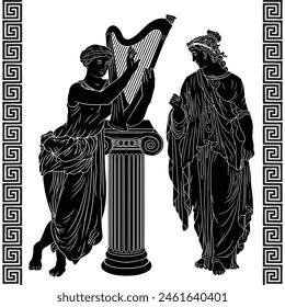 Two ancient Greek women in a tunic stands near a pedestal with a harp and plays music. Drawing isolated on white background