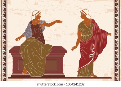 Two ancient Greek women in a tunics near a stone pedestal. Vector image on old beige background.