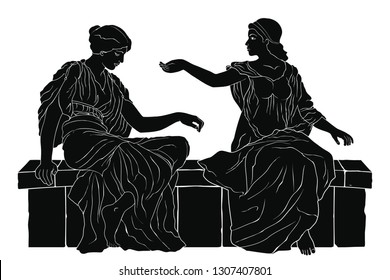 Two ancient Greek women in tunics sitting on a stone and talking. Vector image isolated on white background.