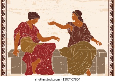 Two ancient Greek women in tunics sitting on a stone and talking. Vector illustration on a beige background with the aging effect.