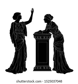 Two ancient Greek women in tunics have a dialogue. Figure isolated on a white background.