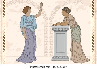 Two ancient Greek women in tunics have a dialogue.