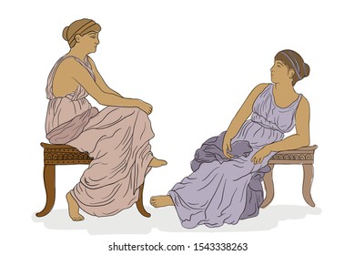 Two ancient Greek women in tunics are sitting opposite each other and talking.Vector image isolated on white background.