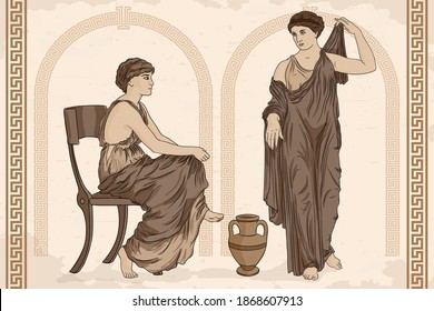 Two ancient Greek women in tunics talk near a jug of wine. Antique fresco on a beige background.