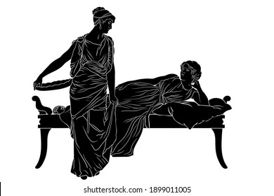 Two ancient Greek women in tunics chat in the bedroom. Figures isolated on white background.