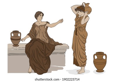 Two ancient Greek women in tunics with clay jugs are talking to each other.