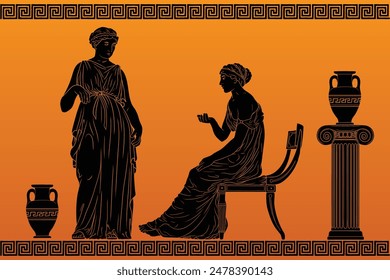 Two ancient Greek women in tunics with jugs are engaged in a dialogue.