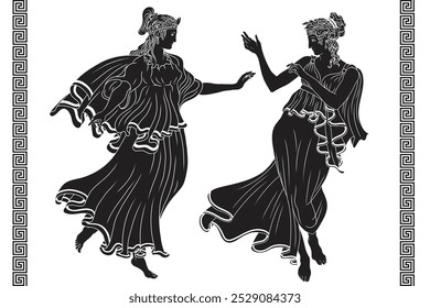 Dos antiguas mujeres griegas en una túnica con los pies descalzos se para, baila y gesticulan. Figuras y ornamento meandro aislado en un fondo blanco