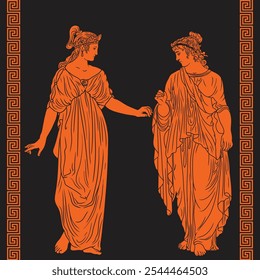 Two ancient Greek women in tunics are sitting on chairs and talking.
