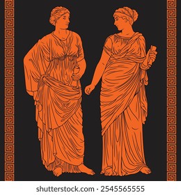Two ancient Greek women in tunics are sitting on chairs and talking.