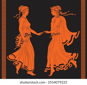 Two ancient Greek women in tunics approach each other and touch hands. Two figures isolated on a black background and with a meander ornament