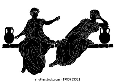 Two ancient Greek young beautiful slender girls sisters are sitting on a stone parapet with jugs of wine and water. Figures isolated on white background.