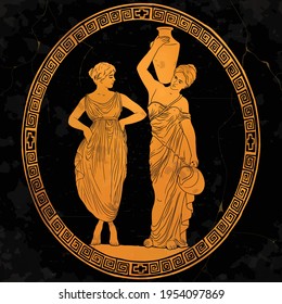 Two ancient Greek young beautiful women carry water in jugs and conduct a dialogue. Drawing on antique dishes.