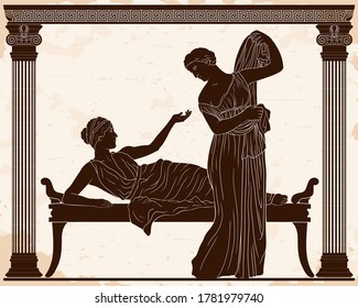 Two ancient Greek young women in the bedroom are in dialogue. Ancient painting.