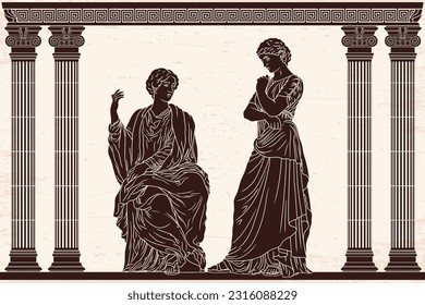 Two ancient Greek young women are talking in the temple between the columns. Vector stylized drawing