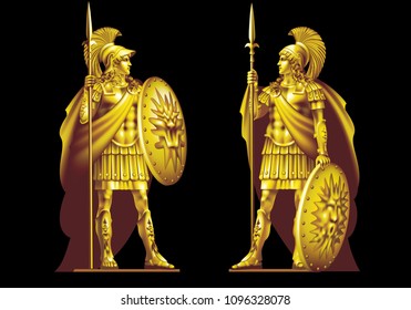 Two ancient heroes in gold armor with spears