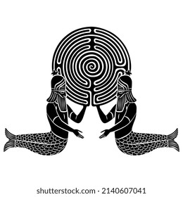 Two ancient mermen holding a round spiral maze or labyrinth symbol. Creative concept. Mystery of ancient knowledge and culture. Black and white silhouette. Sumerian god Dagon or Oannes.